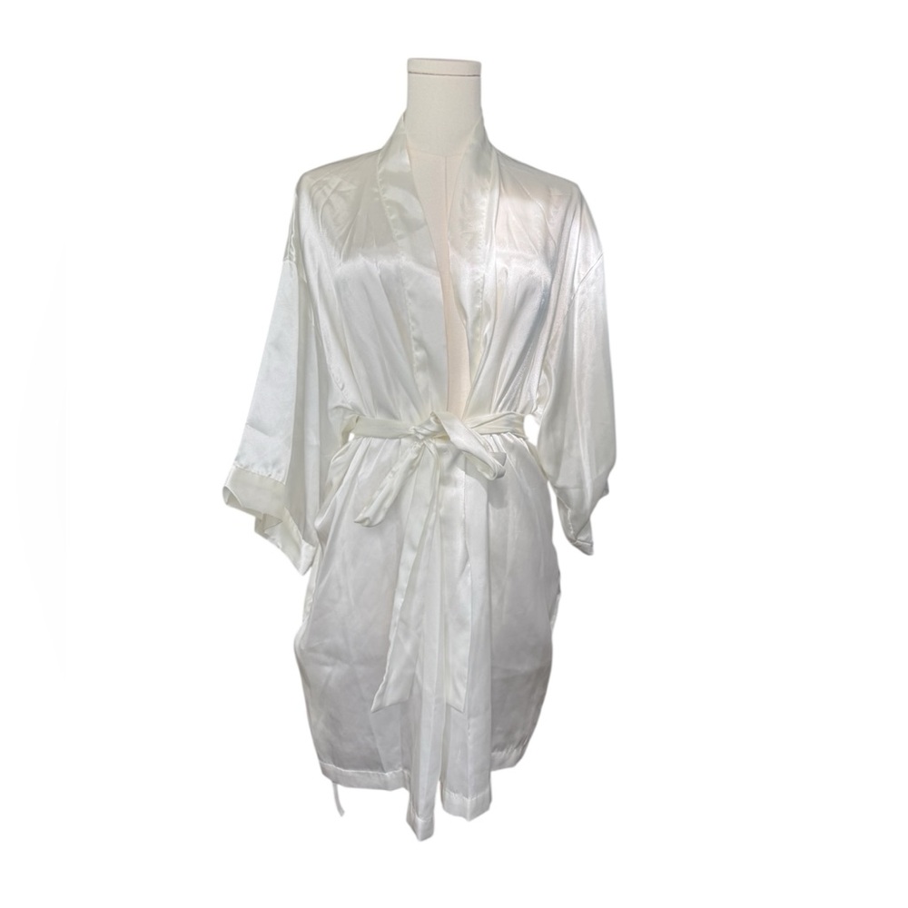 Flora Ivory Satin Robe Short Bridal Getting Ready Kimono Robe S M